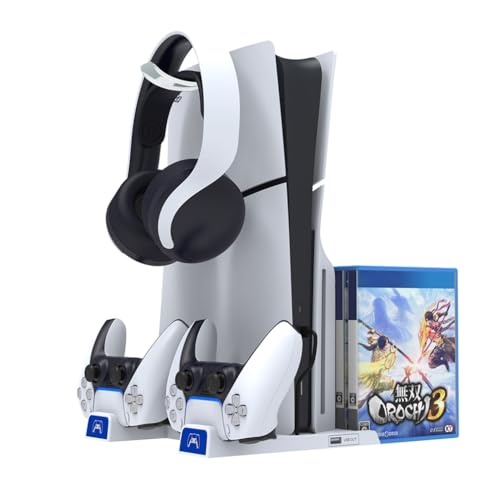 LiLiTok Kühlung Stander Kompatibel für PS5 Slim Ladegerät, Dual-Controller-Ladestation mit Lüfter für PS5 Slim Kopfhörer Halterung Game Disc Organisator VR Zubehör von LiLiTok