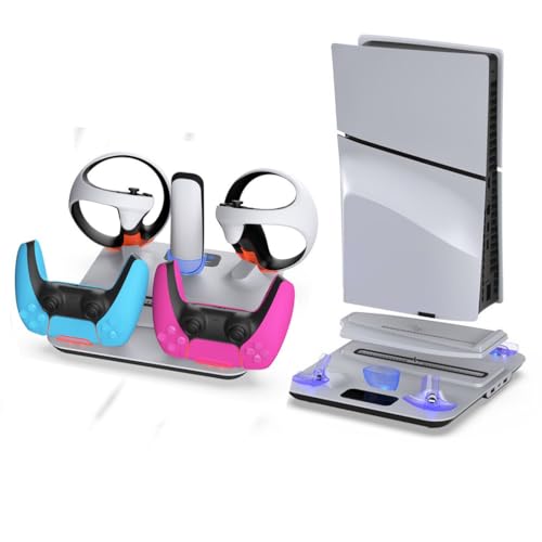 LiLiTok Vertical Lüfter Stander für PS5 Slim Stand, Ladestation für PS5 Slim VR2 Grip Ladegerät mit Headset Hänger, FPS5 Kühlung Lüfter mit Ladeadapter Zubehör von LiLiTok