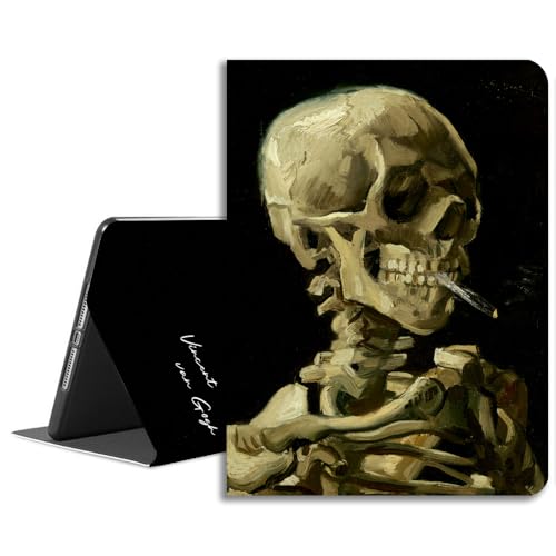 LiMon Arts Schutzhülle für iPad 9/8/7. Generation 10,2 Zoll / iPad Air 3. 10,5 Zoll (26,7 cm), Leder, mit Stifthalter, schwarz, cool, stilvoll, Van Gogh, berühmter Malkopf eines Skeletts von LiMon Arts