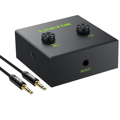LLiNKFOR 3,5mm Stereo Audio Switcher, 2(1)-In-1(2)-Out Audio Schalter Umschalter mit 3,5-mm-Audiokabel, Audio Selector Schalter Sound Verteiler für Kopfhörer von LiNKFOR