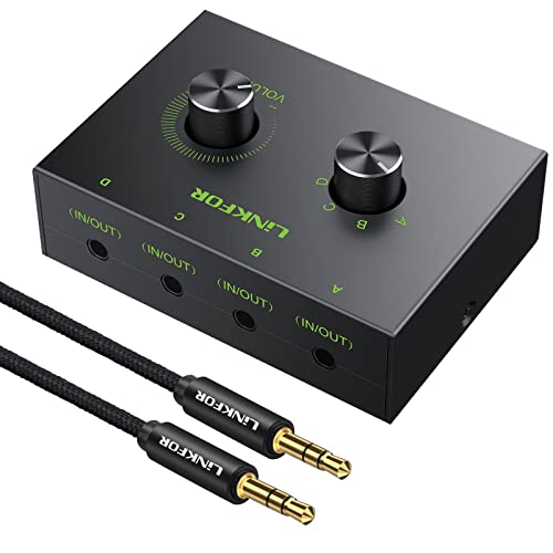 LiNKFOR 3.5mm Stereo Audio Switcher Selector 3,5mm Stereo Audio Schalter Umschalter Splitter Konverter 4 x 1/1 x 4 für passive Lautsprecher Kopfhörer, Nr Externe Stromversorgung erforderlich von LiNKFOR
