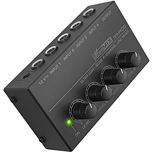 LiNKFOR 4 Kanal Audiomischer Ultrakompakter 4-Kanal-Mono-Audio-Mixer mit Bass Noise Line für kleine Clubs oder Bars Mikrofone, Gitarren, Bässe, Keyboards und Bühnenmixer von LiNKFOR