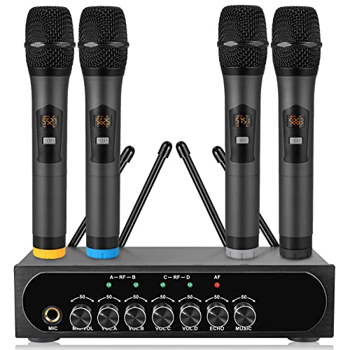 LiNKFOR 4 x UHF Mikrofon drahtloses UHF 4 Kanal Mikrofonsystem mit 4 drahtlosen Handmikrofonen, 50 * 4 Kanälen wählbare Frequenz, Echo, Bluetooth, AUX, ideal für DJ, Gesang, Kirche, Hochzeiten von LiNKFOR