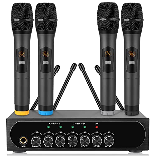 LiNKFOR 4 x UHF Mikrofon drahtloses UHF 4 Kanal Mikrofonsystem mit 4 drahtlosen Handmikrofonen, 50 * 4 Kanälen wählbare Frequenz, Echo, Bluetooth, AUX, ideal für DJ, Gesang, Kirche, Hochzeiten von LiNKFOR