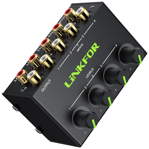 LiNKFOR Audio Mixer Stereo Passiver Mischer 4 Kanal Stereo Audiomischer mit 4 Eingänge und 1 Ausgang Mini-Stereomischer mit separaten Lautstärkereglern für Mischinstrument, CD-Player, Clubs/Bars, PC von LiNKFOR