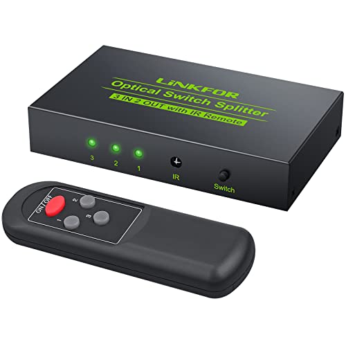 LiNKFOR Digital Audio Switcher 3 In 2 Out Optischer Splitter SPDIF Toslink Switch Unterstützt Dolby AC3 DTS LPCM 2.0 Fernbedienung + 2m Optische Kabel für SoundBar Kopfhörer Bluetooth von LiNKFOR