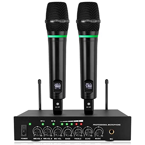 LiNKFOR Drahtloses Mikrofon UHF-Wiederaufladbares Bluetooth 5.0 Dual Handheld Metall Mikrofonsystem Kabellos, RCA Eingang/Ausgang, 6,35mm Ausgang für Karaoke-Maschine, Mixer, Soundbar von LiNKFOR