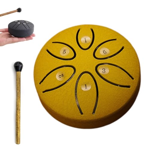 Liakai Buddha Stones Mini-Stahlzungentrommel, 6-Noten-Sorglos-Trommel, Mini-Handpan-Trommel mit Trommelstock, Bildung, Unterhaltung, Meditation, Yoga, Zen-Geschenke (Color : A-Yellow) von Liakai
