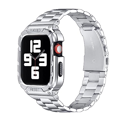 Libra Gemini Edelstahl-Uhrenarmband mit Gehäuse, kompatibel mit Apple Watch Armband Serie 8/7 (45 mm) Serie 6/5/4/SE (44 mm) (44/45 mm, Silber) von Libra Gemini