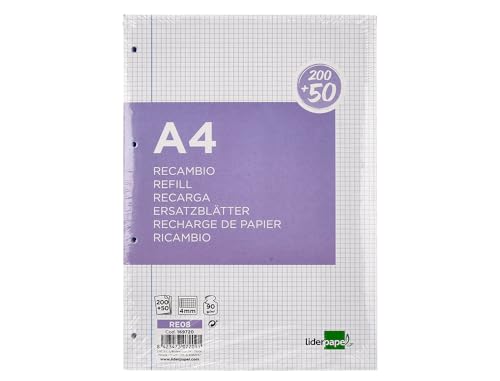 LIDERPAPEL Ersatzblock, A4, 200 + 50 Blatt, 90 g/m², 4 mm, mit 4 Löchern von Liderpapel