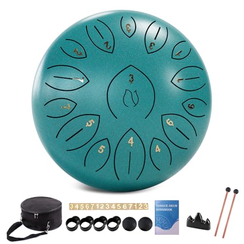Stahlzungentrommel 12 Zoll 15 Töne, Stahltrommeln für Kinder und Erwachsene, Handpan-Trommel mit Notenbuch, Trommelschlägeln und Tragetasche, Handpan C-Dur, Malachitgrün von Lidguni