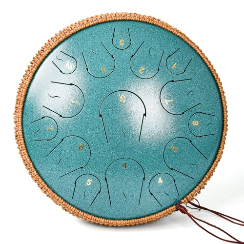 Steel Tongue Drum - 14 Zoll 15 Noten Zungentrommel - Hand Pan Drum mit Notenbuch, Handpan Schlägel und Tragetasche, C-Dur, Malachitgrün Steel Tongue Drum - 14 Zoll 15 Noten Zungentrommel - Hand Pan Drum mit Notenbuch, Handpan Schlägel und Tragetasche, C-Dur, Malachitgrün von Lidguni