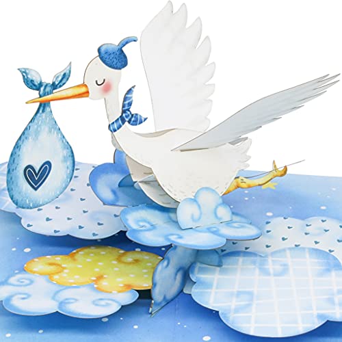 Liebessa 3D Pop Up Karte Gratulation zur Jungen-Geburt (Baby), Glückwunschkarte Sohn, Junge, Boy, Geburtskarte, Handgemachte 3D Babykarte Blau-Storch (Junge-Baby-Storch-Blue) von Liebessa