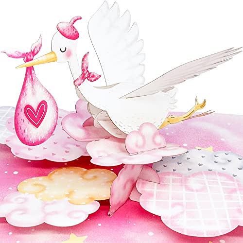 Liebessa 3D Pop Up Karte Gratulation zur Mädchen-Geburt (Baby), Glückwunschkarte zur Tochter, Geburtskarte zur Mädchengeburt, Handgemachte 3D Babykarte Rosa-Storch von Liebessa