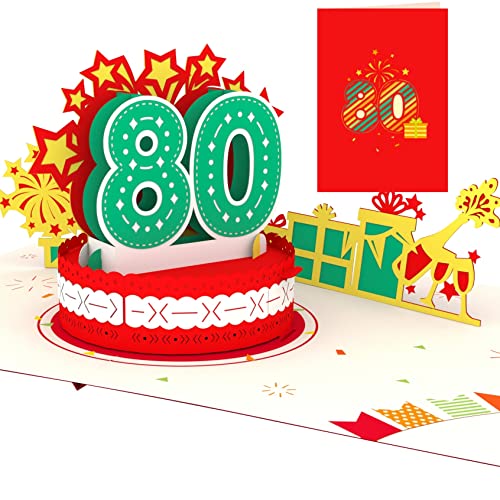 Liebessa Geburtstagskarte zum 80. Geburtstag (ROT) 3D Pop-Up Karte für Frau oder Mann - Handgemachte Jubiläum Glückwunschkarte, Geburtstagskarte mit Umschlag von Liebessa