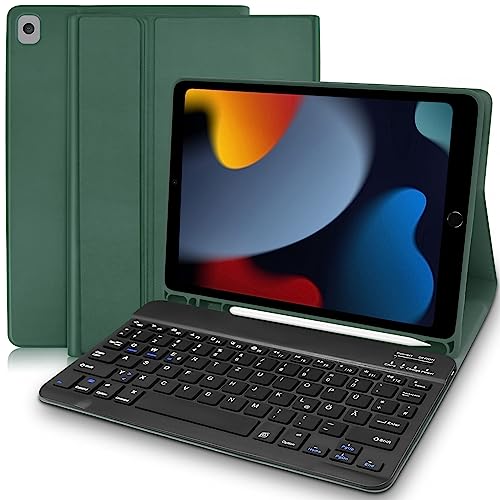 Lielax Hülle mit Tastatur ipad 10.2“, iPad 9.Generation mit Tastatur 2021, Schutzhülle mit Kabellose Abnehmbare QWERTZ-Tastatur für ipad 9./8./7. Gen, iPad Air 3. Gen, iPad Pro 10,5, Dunkelgrün von Lielax