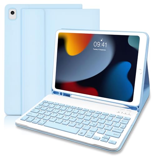 Lielax iPad 9.Generation Hülle mit Tastatur Hülle für iPad 10,2 2021, Kabellose Abnehmbare QWERTZ-Tastatur für ipad 9./8./7. Gen, iPad Air 3. Gen, iPad Pro 10,5 – Himmelblau von Lielax