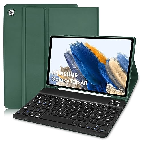Samsung Galaxy Tab A8 Hülle mit Tastatur, QWERTZ Deutsches Bluetooth Tastatur Hülle, Schutzhülle mit Pencil Halter Abnehmbare Tastatur für Samsung Tab A8 10,5'' 2021 SM-X200/ X205/ X207-Dunkelgrün von Lielax