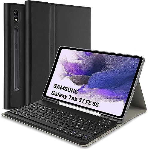 Tastatur Hülle für Samsung Tab S7 FE, Hülle mit Tastatur für Samsung Galaxy Tab S7 FE/ S7+/S7 Plus/S8 Plus 12,4 Zoll - Schutzhülle mit Pen Halter Wireless Abnehmbare Tastatur (QWERTZ), Schwarz von Lielax