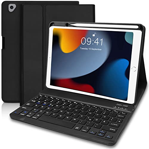 Tastatur Hülle für iPad 9.Generation 2021 10.2 Zoll, Hülle mit Tastatur für iPad 9/8/ 7.Gen 10.2, Bluetooth QWERTZ Funktastatur mit Schutzhülle/Pencil Halter für iPad Air 3, iPad Pro 10.5-Schwarz von Lielax