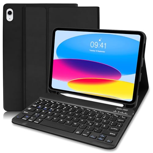 iPad 10 Generation Tastatur Hülle, Tastatur Hülle für iPad 10th Gen 2022 10,9 Zoll, Slim Schutzhülle mit Pencil Halter Wireless Abnehmbare QWERTZ Bluetooth Tastatur für iPad 10. Gen 10,9"-Schwarz von Lielax
