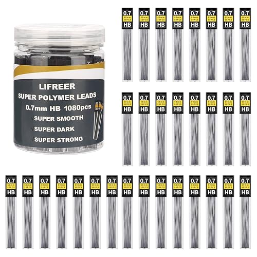 Lifreer Bleistiftminen 0,7 mm, 1080 Stück Bleistiftminen 0 7 HB bruchfeste Minen für Druckbleistifte and 2 Radierer,Geschmeidig und klar schreiben von Lifreer