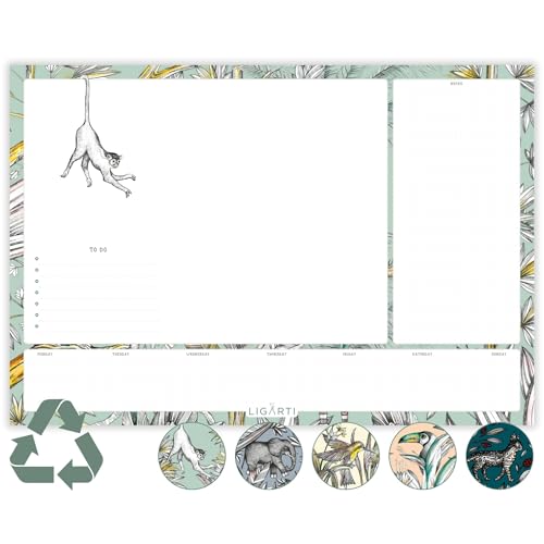 Ligarti Schreibtischunterlage Papier (100% nachhaltig) A3+ Wochenplaner Block mit To Do Liste und wechselnden Motiven - Weekly Planner undatiert, Schreibtisch Unterlage - Dschungel von Ligarti