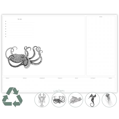 Ligarti Schreibtischunterlage Papier (100% nachhaltig) A3+ Wochenplaner Block mit To Do Liste und wechselnden Motiven - Weekly Planner undatiert, Schreibtisch Unterlage - Meerestiere von Ligarti