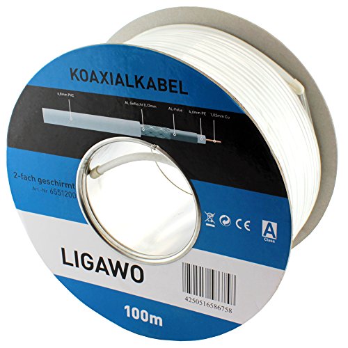 Ligawo 6551200 Koaxialkabel Koax RG6 SAT BK Antenne TV Kabel 100m CU Kupfer | 2-Fach geschirmt 110 dB - Trommel weiß von Ligawo