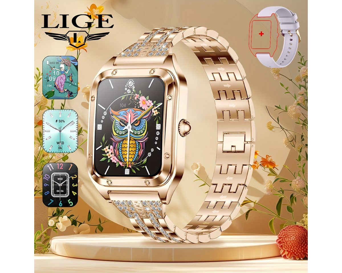 Lige Fur Damen mit Dual-Display, Edelstahlarmband, Zinklegierung Gehäuse, Smartwatch (1.57 Zoll, Andriod iOS), mit USB Aufladbar Musiksteuerung Kalorienzähler Kalenderfunktionen von Lige