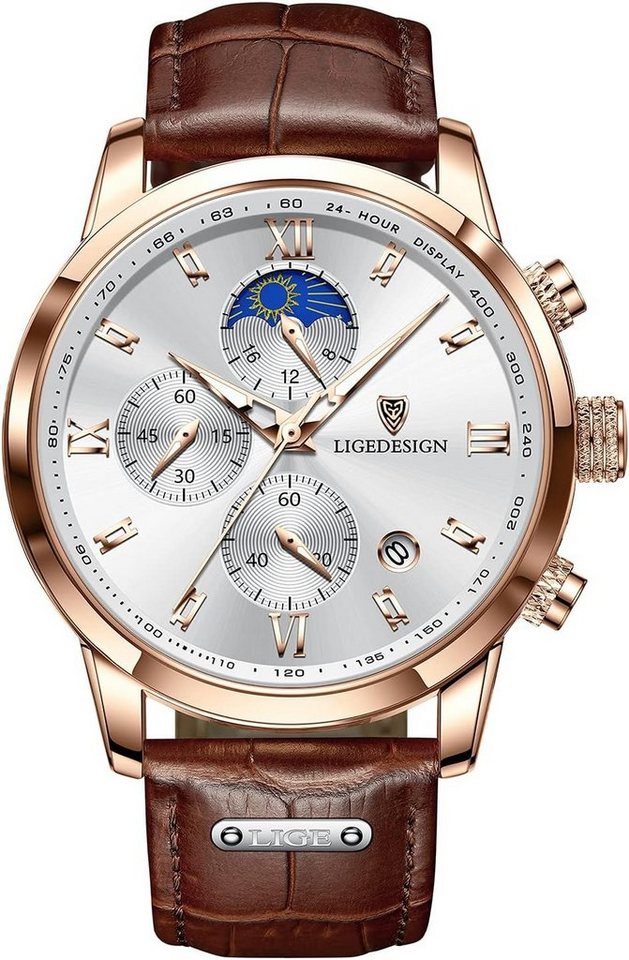 Lige LG8953 Watch, Herren Chronograph Uhr - Wasserdicht, Business, Sport, Datum, Leder von Lige