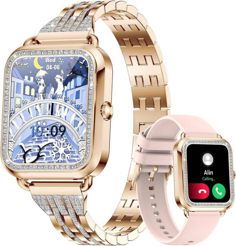 Lige Premium Smartwatch Damen HD-Display Herzfrequenz Blutsauerstoffmessung Smartwatch (1,59 Zoll, Android iOS), wasserdicht individualisierbare Zifferblätter Menstruationsverfolgung von Lige