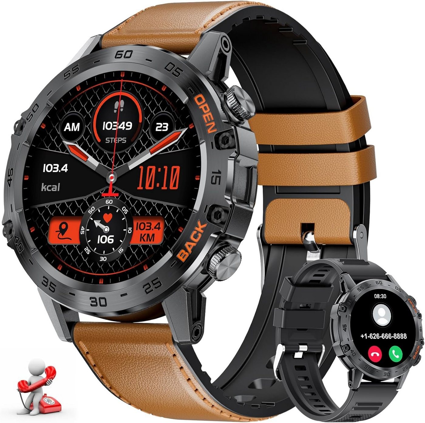 Lige Smartwatch (1,39 Zoll, Android iOS), Fitnessuhr Herren mit Lederband Militär 100 Sportmodi Fitnessuhr IP67 von Lige