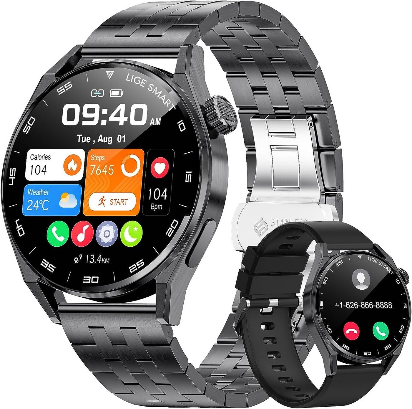 Lige Smartwatch (1,39 Zoll, Android iOS), für Herren mit Telefonfunktion HD Fitness Tracker Wasserdichte Uhr von Lige