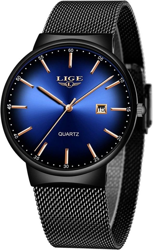 Lige Watch (1,65 Zoll), Herren-Armbanduhr dünn wasserdicht Edelstahl Mesh minimalistisch von Lige