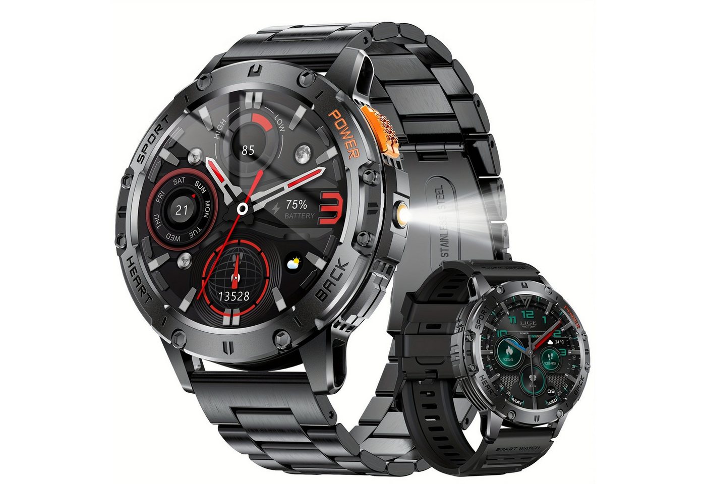 Lige für Herren mit LED-Taschenlampe AMOLED Always-On-Display Smartwatch (Andriod iOS), mit hoher Kapazität über 100 Sportmodi Fitness-Wecker,Wettervorhersage von Lige