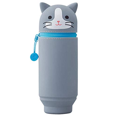 LIHIT LAB Kawaii japanische Katze großes stehendes Federmäppchen für Schule, Büro, Uni, niedliches Schulbedarf, Tier-Stiftehalter, Stifteetui für Erwachsene und Mädchen, Künstler-Federmäppchen, graue Katze (A7714-4) von LIHITLAB