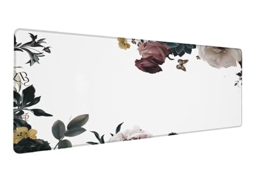 Gaming Mauspad XXL 1200x600x3mm, Weiß Mauspad, Große Blume Schreibtischunterlage Tastatur Matte, rutschfeste Gummibasis Schreibtisch Matte, Genähte Kanten Mouse Pad Desk Mat Für Home Computer I-2 von Lihogbo