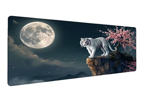Mauspad, 1200x600x3mm Gaming Mauspad XXL Mond, Große Schreibtischunterlage Mouse Pad Weißer Tiger, Wasserdicht Rutschfeste Gummibasis, Genähte Kanten, Verbessert Präzision und Geschwindigkei Y-1 von Lihogbo
