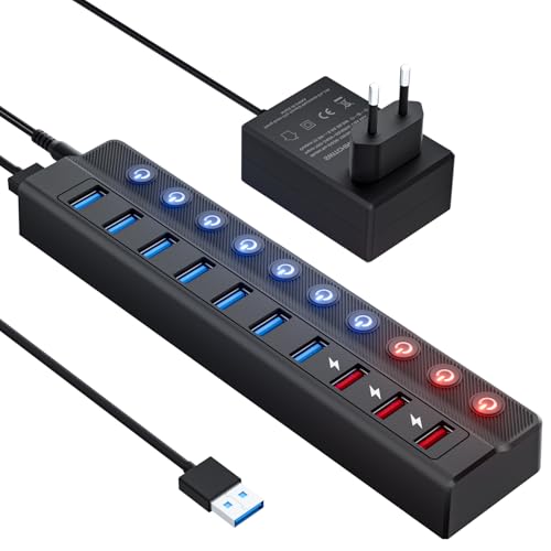 Likorlove USB Hub Aktiv 3.0 mit Netzteil 36W, 10 in 1 USB Hub (7 Ports Datenübertragung + 3 Ports Schnellladegerät) mit Schalter Datenhub Adapter Verlängerung Verteiler für PS5 PC USB Stick MacBook von Likorlove