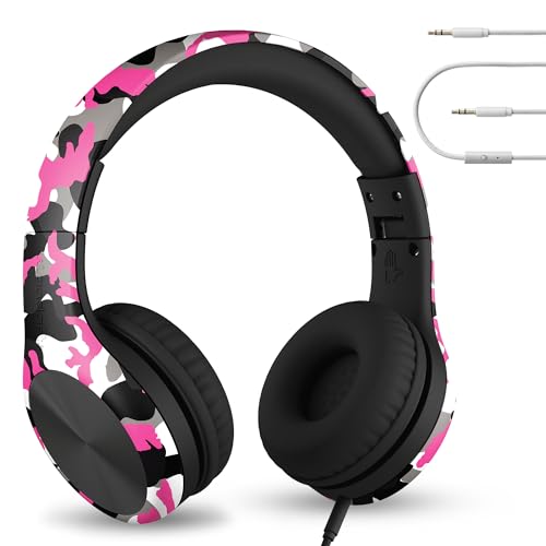 Die LilGadgets Connect+ Pro Girls-Kopfhörer sind EIN Komfortables, faltbares Over-Ear-Headset mit Inline-Mikrofon, einem audiophilen Kopfhörer und einem rosa Tarnmuster. von LilGadgets