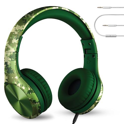 LilGadgets Connect+ Pro Jungen-Kopfhörer für die Schule - für den Komfort von Kindern entwickelt, faltbares Over-Ear mit Inline-Mikrofon, Kopfhörer mit Kabel, Kopfhörer für Kinder, Digital-Camouflage von LilGadgets