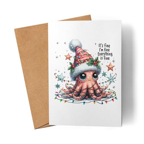 Lilavie-Design It's Fine I'm Fine Everything Is Fine Lustiges Oktopusmotiv Karte Weihnachtskarte witziges Design Weihnachten von Lilavie-Design
