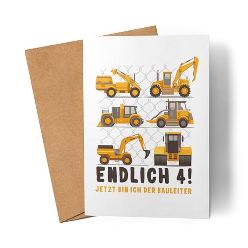 Lilavie-Design Endlich 4 Karte 4. Geburtstag Geburtstagskind Kindergeburtstag Bagger Baustelle Baumeister von Lilavie-Design