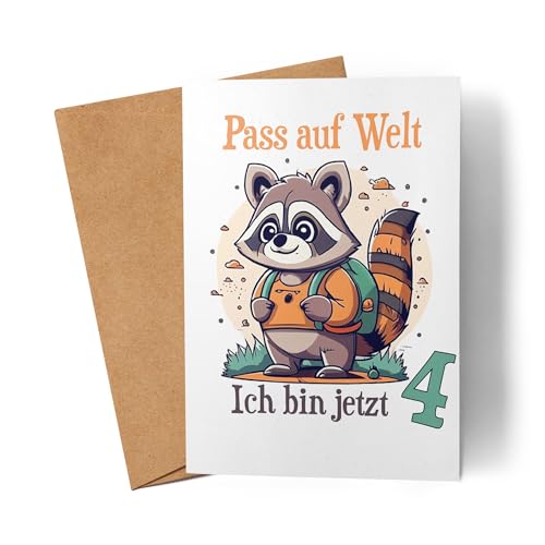 Lilavie-Design Ich bin jetzt 4 Karte Waschbär 4. Geburtstag Deko Kindergeburtstag Süß 4 Jahre von Lilavie-Design