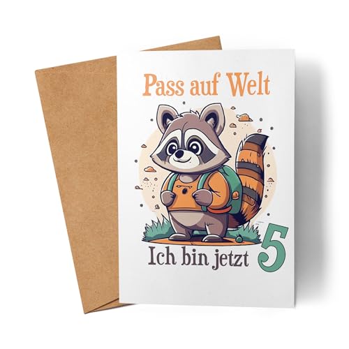 Lilavie-Design Ich bin jetzt 5 Karte Waschbär 5. Geburtstag Deko Kindergeburtstag Süß 5 Jahre von Lilavie-Design