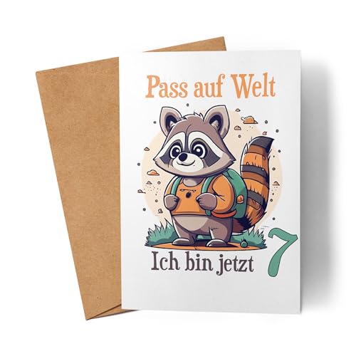 Lilavie-Design Ich bin jetzt 7 Karte Waschbär 7. Geburtstag Deko Kindergeburtstag Süß 7 Jahre von Lilavie-Design