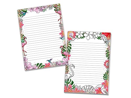 2 Motiv Schreibblöcke Briefpapier liniert für Mädchen Kinder Schule Tropen Flamingo (1 Block bunt und 1 Block zum Ausmalen A4 mit je 25 Blättern) von Limonia