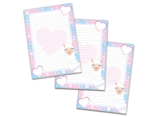 3 Schreibblöcke zum Ausmalen A4 Briefpapier liniert für Mädchen Kinder Schule Lama Alpaka rosa Herz (3 Blöcke A4 mit je 25 Blättern) von Limonia
