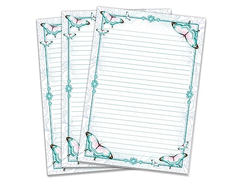 3 Schreibblöcke zum Ausmalen Briefpapier liniert für Mädchen Kinder Schule Schmetterlinge Blumen (3 Blöcke A4 mit je 25 Blättern) von Limonia